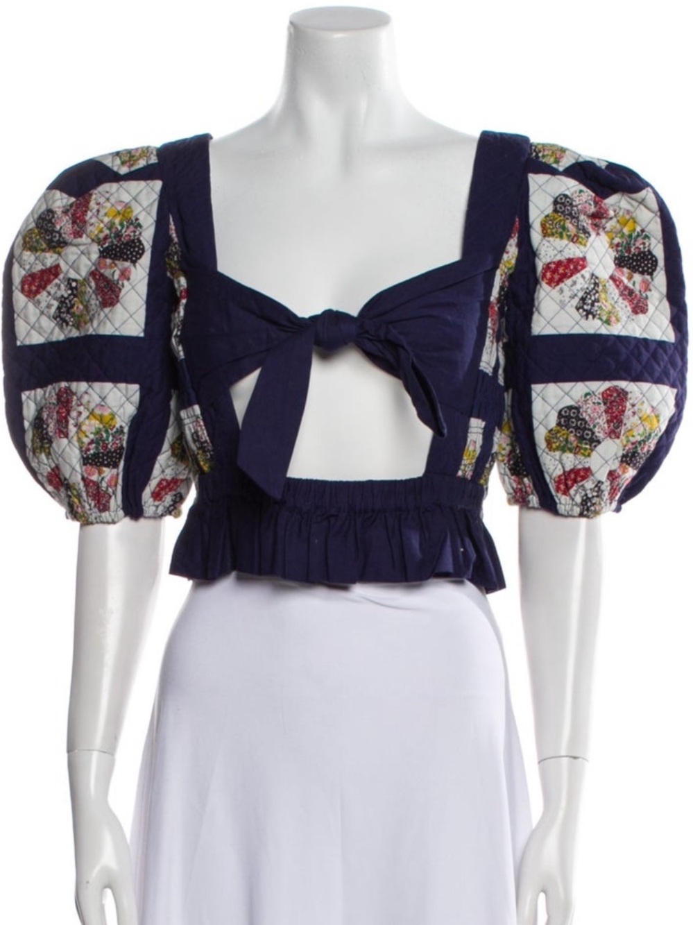 Sea New York Navy Patchwork Puff-Sleeve Tie-Front Crop Top